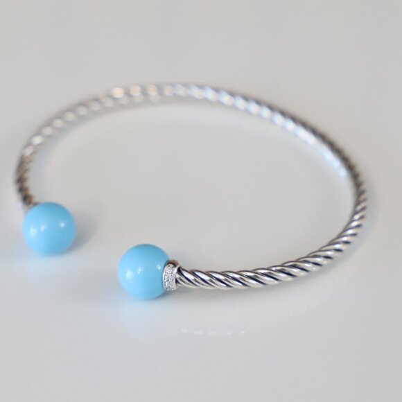 David Yurman Sterling Silver 3.5mm Solari Bracelet Turquoise with Diamonds - Picture 4 of 7